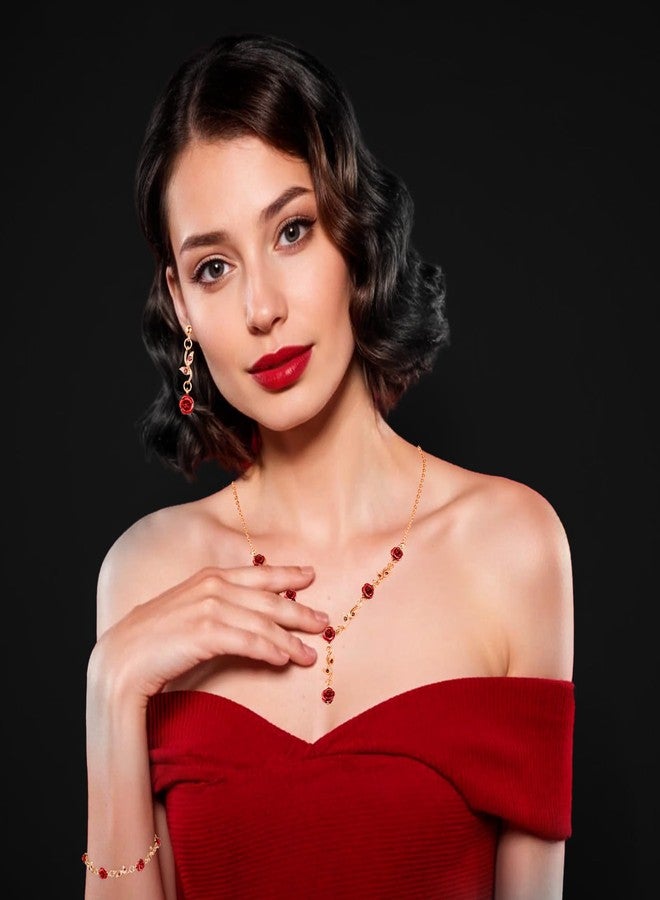 MBAIYO Red Rose Jewelry Set, 3Pcs Red Flower Necklaces for Women Rose Necklace Dangle Bracelet Set Vintage Earrings Pendant Amulet chain for Women's Wedding Prom Valentine Birthday Party(Golden) - Image 4